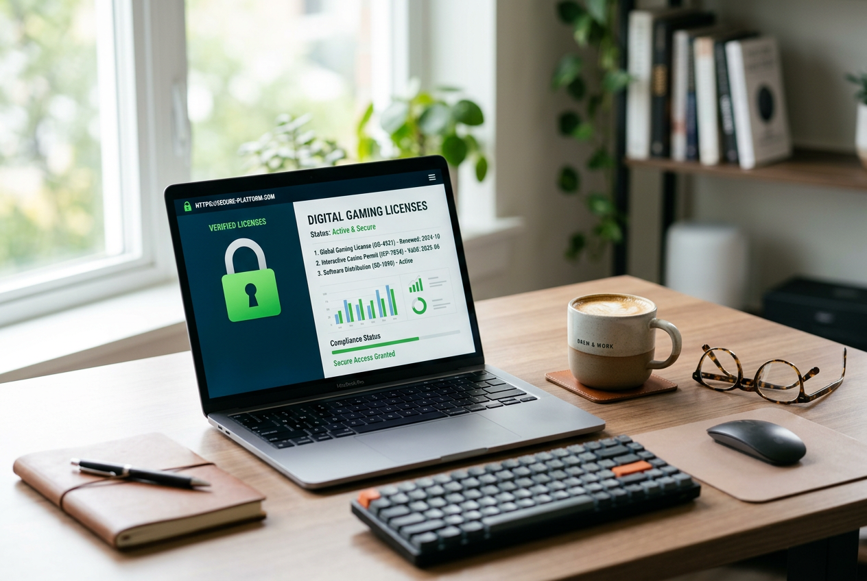 A laptop screen showing security certification icons and a padlock.