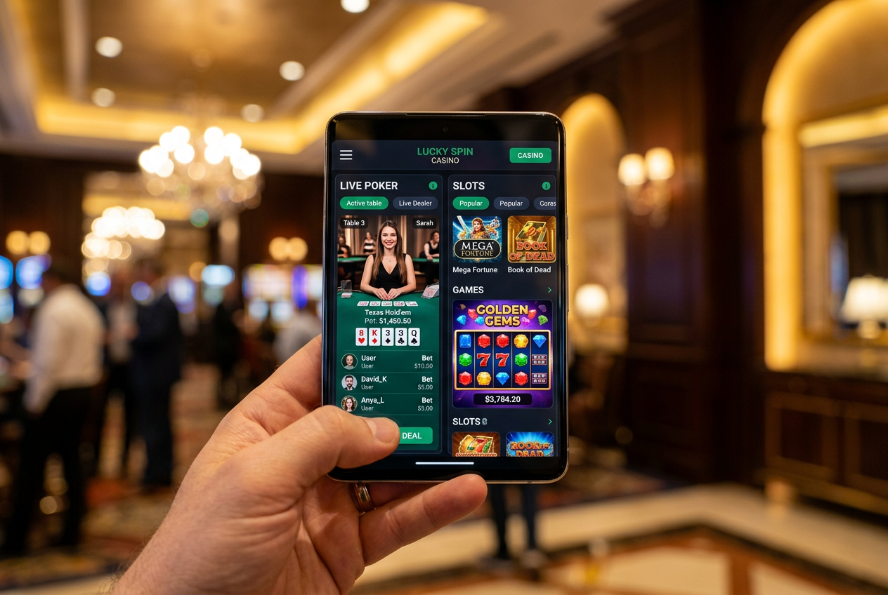 A luxury smartphone showing an online casino app interface.