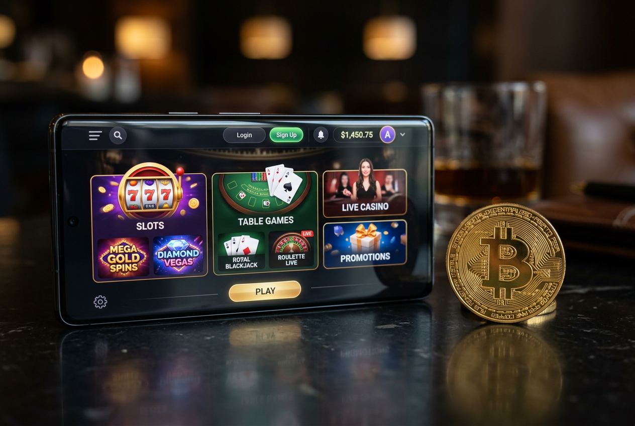 A smartphone displaying a vibrant casino interface next to a physical bitcoin coin.