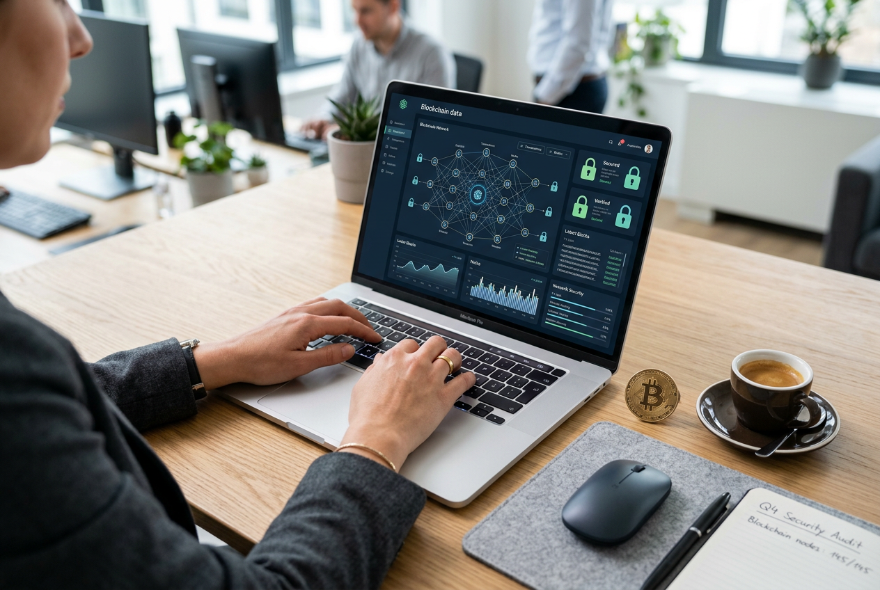 Hands using a laptop showing blockchain security data and charts.