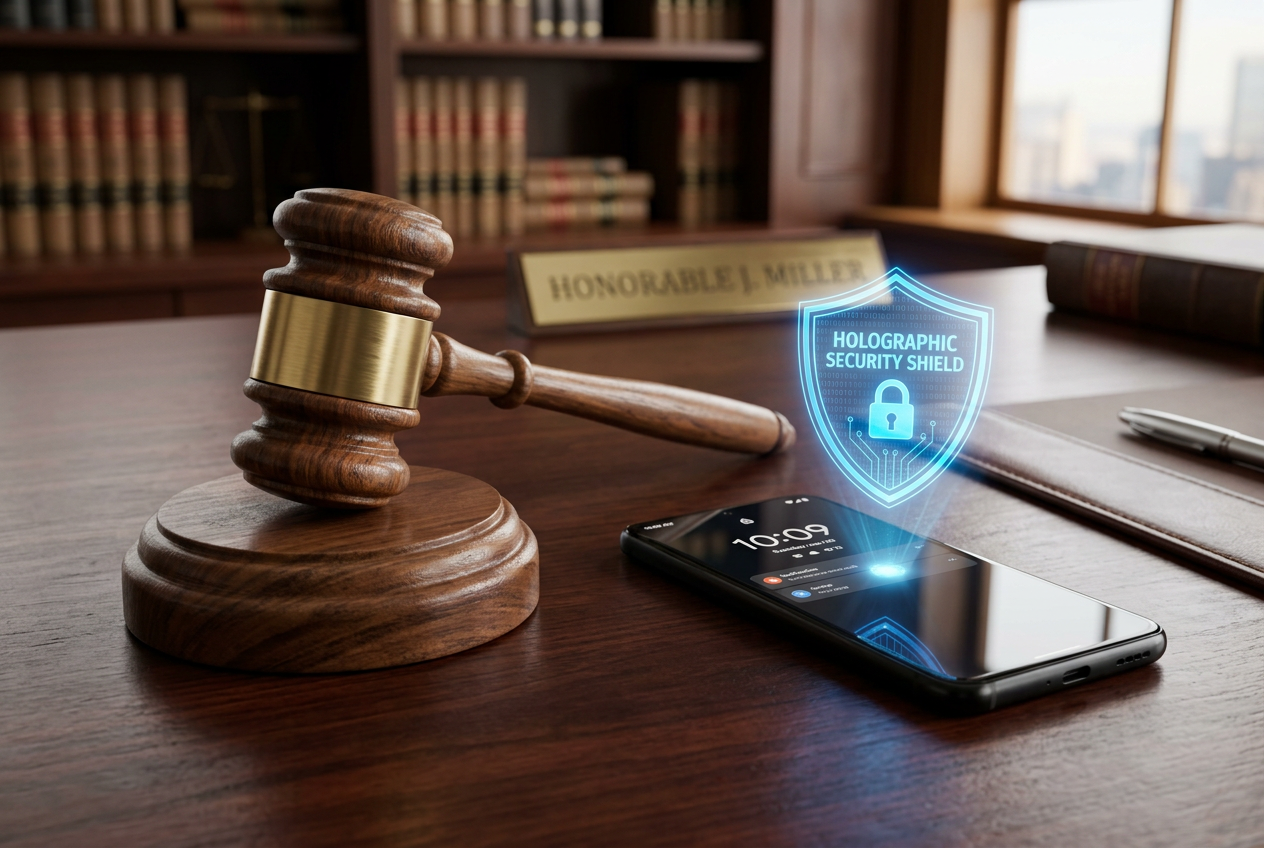 A judge's gavel and a digital shield icon representing legal safety.