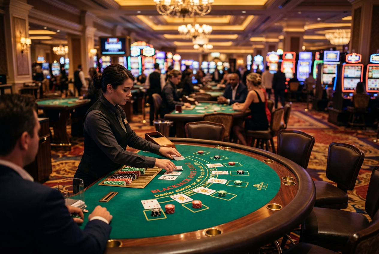 Luxury casino interior with gaming tables and elegant lighting.