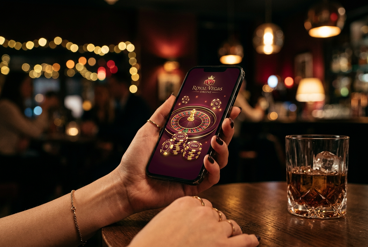 A premium online casino interface on a smartphone in a luxury lounge.